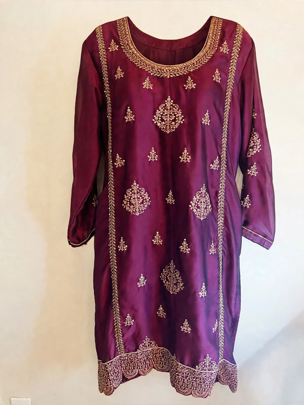 Burgundy Gold Embroidered Kurta Tunic | South Asian Wedding Guest | Size L 12-14